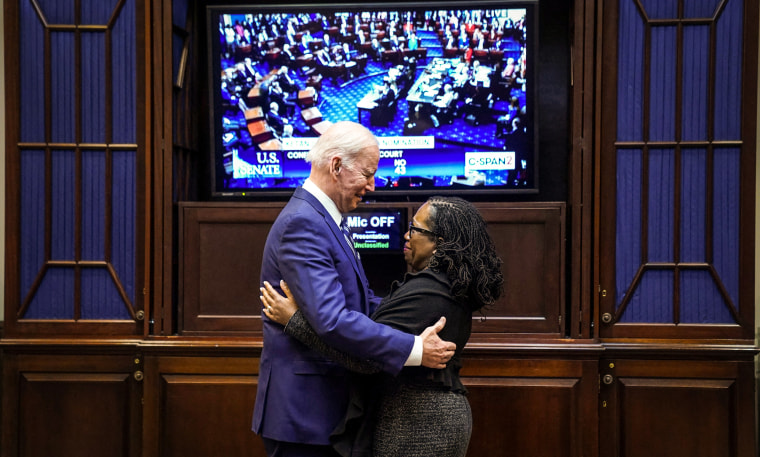 Image: US President Joe Biden watches the Senate vote on Judge Ketanji Brown Jackson's nomination to the US Supreme Court, from the White House in Washington