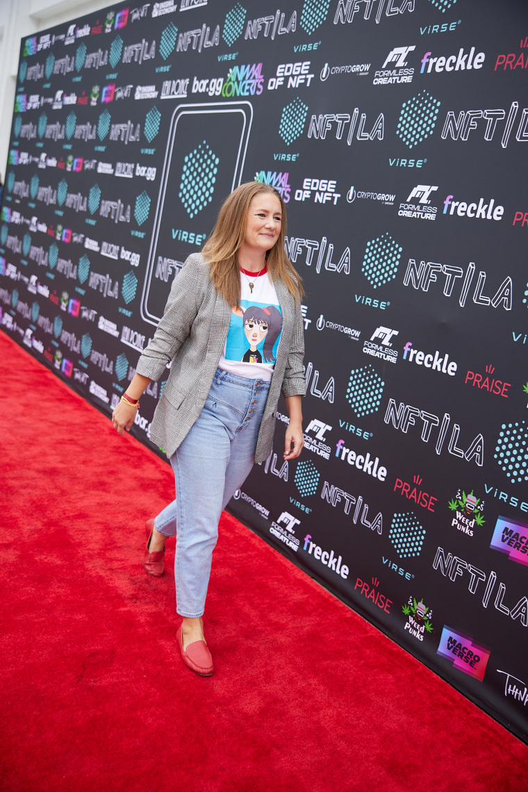 On day two of NFT LA, Sarah Monson donned a mask and T-shirt featuring the colorful cartoon goats she helped design for the project.