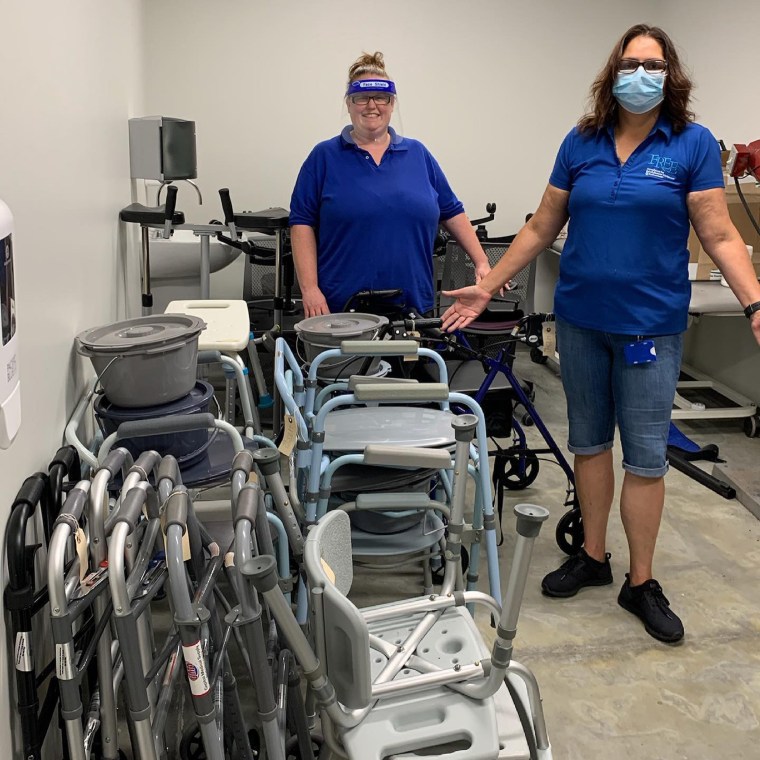 At the Funding and Equipment Recovery Foundation in Richmond, Va., Equipment Technician Liz Dennis, left, and program coordinator Lisa Soto stock and organize equipment cabinets with refurbished inventory .