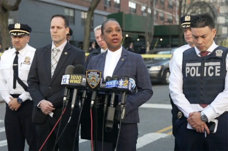 NYPD Commissioner Keechant Sewell speaks to the media on Apr. 8, 2022 about a recent shooting near South Bronx High School in N.Y.