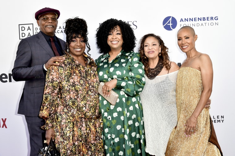 Samuel L. Jackson, LaTanya Richardson Jackson, Shonda Rhimes, Debbie Allen and Jada Pinkett-Smith arrive at the grand opening of the Shonda Rhimes Performing Arts Center on April 9, 2022, in Los Angeles.