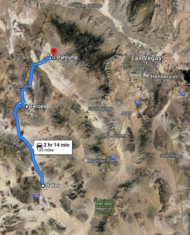 A map showing the reoute from Baker, Calif., to Pahrump, Nevada.