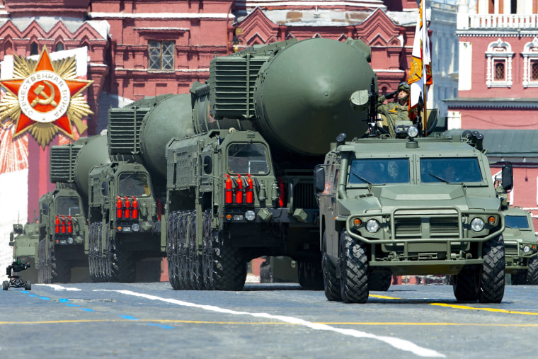Image: Russian RS-24 Yars ballistic missiles roll in Red Square during the Victory Day military parade in Moscow on June 24, 2020.