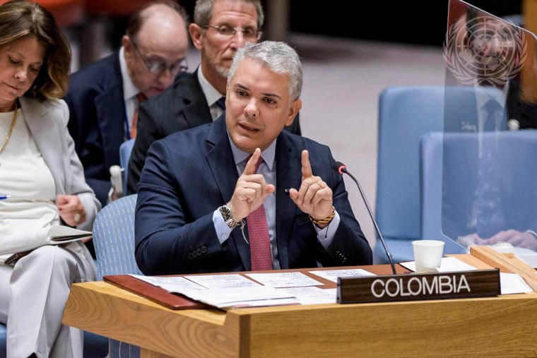 Colombia's President Ivan Duque Marquez speaks at the United Nations Security Council on April 12, 2022, in New York.
