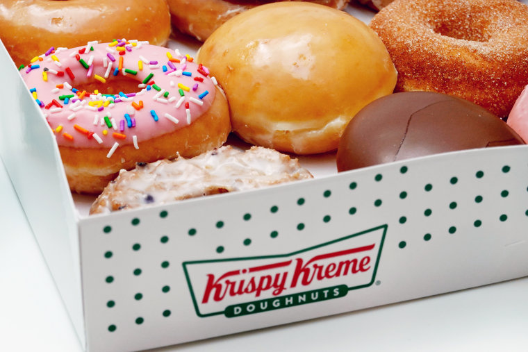 Image: A box of Krispy Kreme donuts in a store in Chicago.