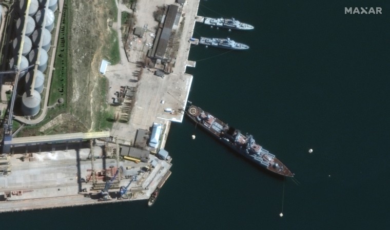 A satellite image shows the Moskva in port at Sevastopol in Crimea in early April.