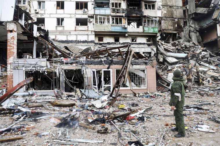 A building damaged during fighting in Mariupol