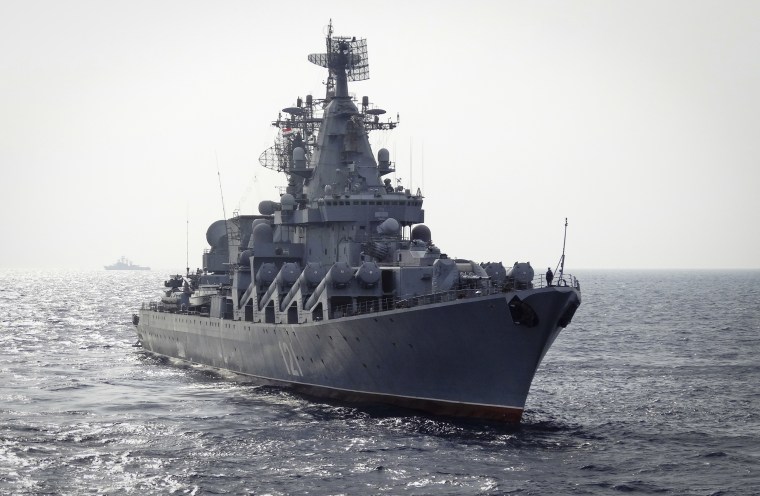 The Russian missile cruiser Moskva patrols in the Mediterranean Sea in 2015.