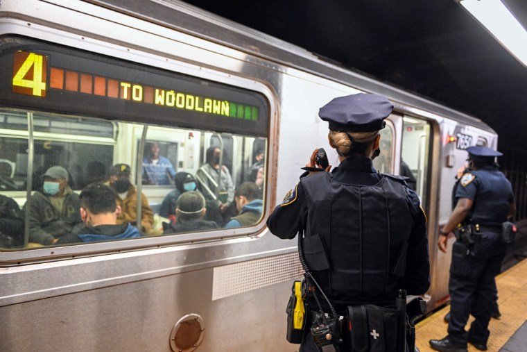 Image: NYPD investigate an incident on a train on April 12, 2022 in New York City.