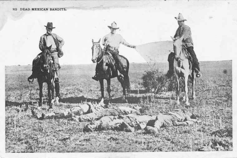 A 1915 postcard depicts a staged Texas Ranger photo with “Dead Mexican Bandits" as the caption. The dead were shown to be innocent of any wrongdoing.