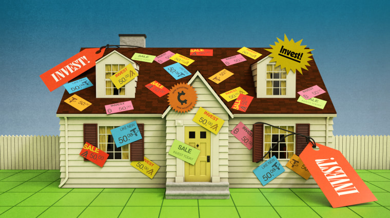 Illustration of a home with price tags and price stickers showing how much crypto money it will cost to invest.