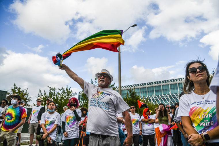 Members and supporters of the LGBTQ community attend the "Say Gay Anyway" rally in Miami Beach, Fl .,on March 13, 2022.