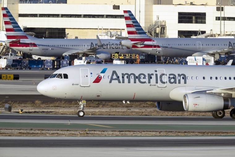An American Airlines plane on the south runway at Los Angeles International Airport on Oct. 23, 2017.