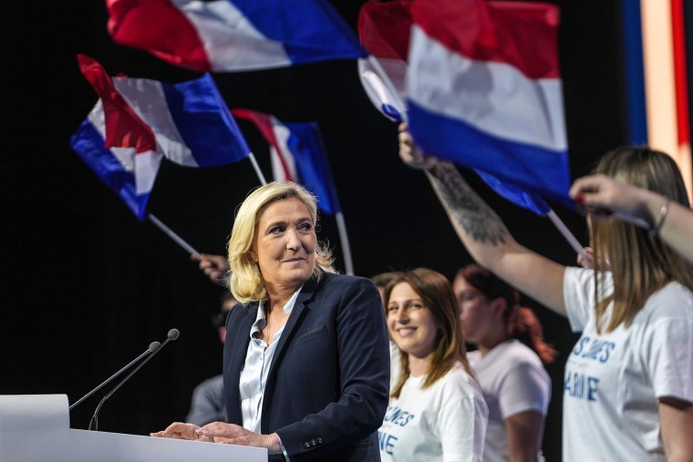 Marine Le Pen holds her last meeting for the campaign for president on April 21, 2022 in Arras, France.
