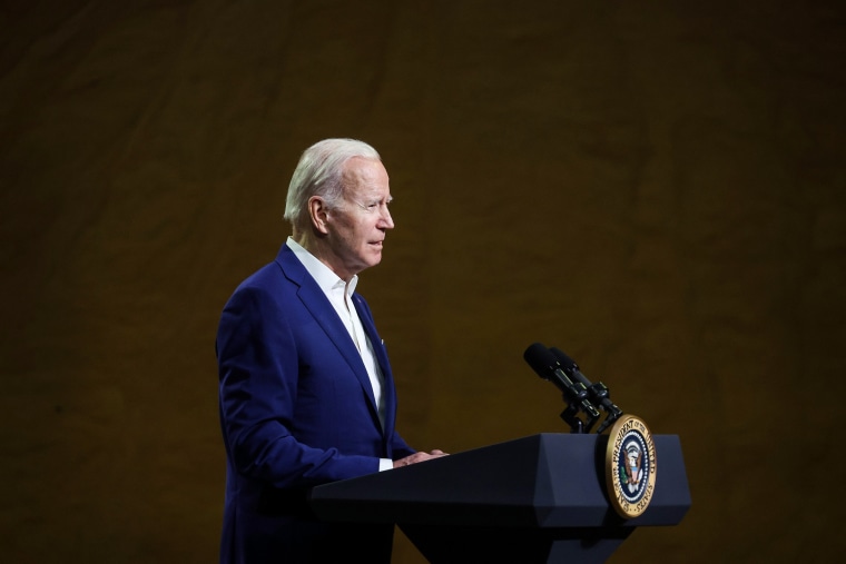 President Joe Biden speaks on April 12, 2022, in Menlo, Iowa.