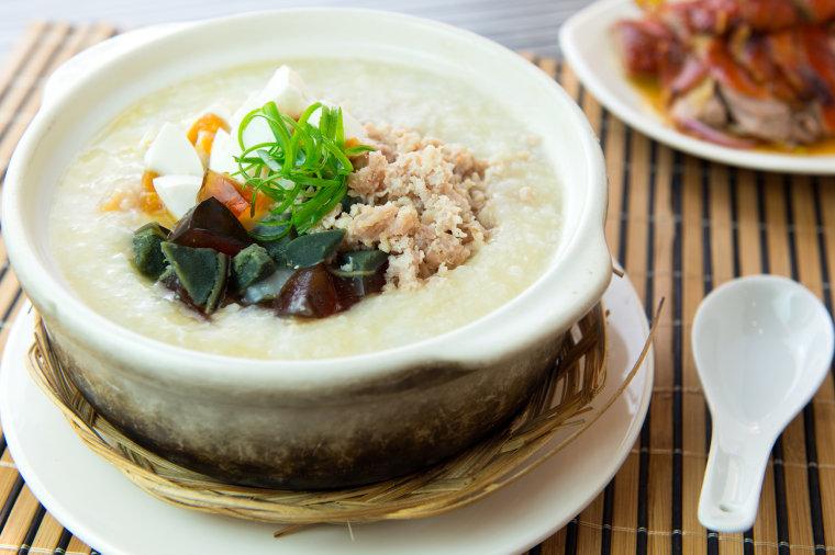 Salted and preserved egg chicken floss congee
