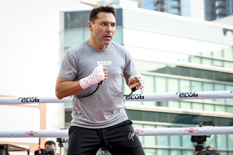 Oscar De La Hoya attends an open to the public media workout on Aug. 24, 2021 in Los Angeles.