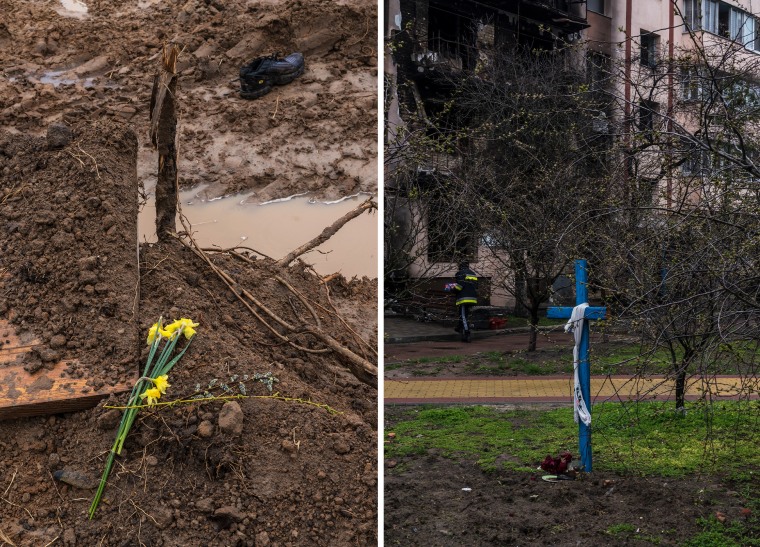 Images: Flowers at the site of a former mass grave discovered after Russian troops left the city of Bucha; A cross marks the makeshift grave of Inna Leschenko in the courtyard of her apartment building in Bucha.