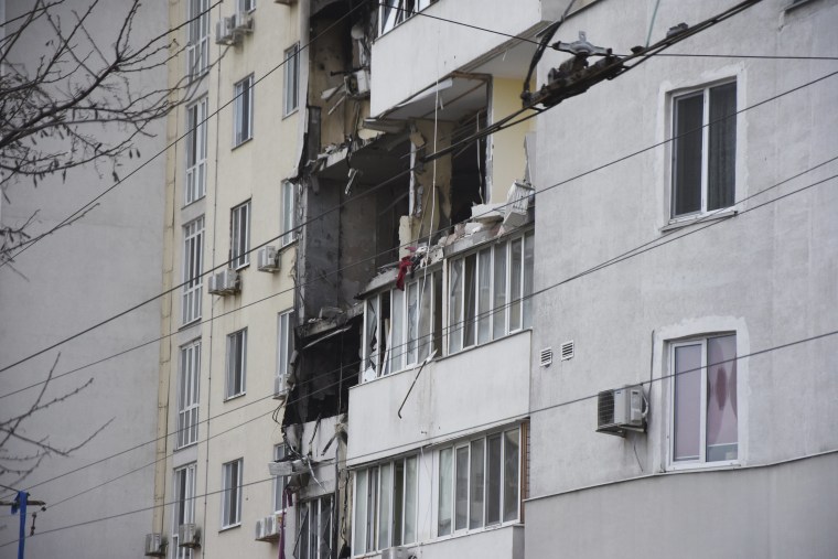 An apartment building damaged after Russian shelling in Odesa, Ukraine, Saturday, April 23, 2022. Ukrainian officials reported that Russia fired at least six cruise missiles at the Black Sea port city.