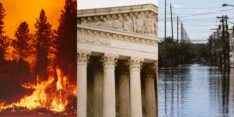Photo Illustration: Forest fires in California, the U.S. Supreme Court, and flooding in New Jersey after Hurricane Ida