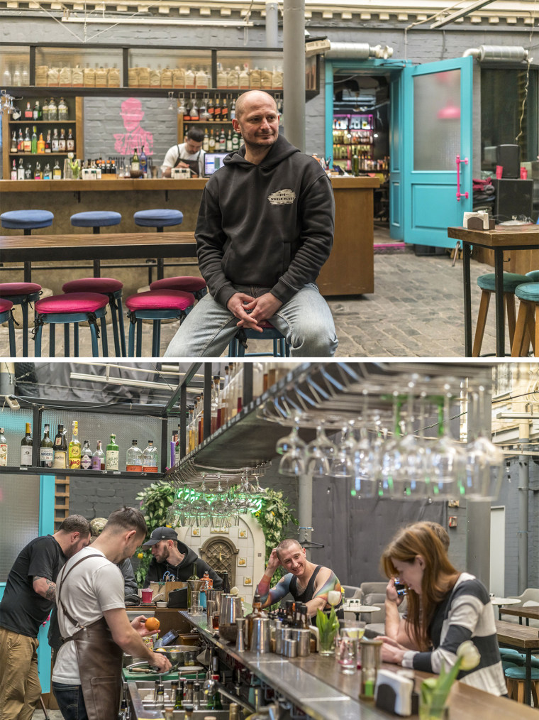 Vitaliy Kirochenko, top, a co-owner of Pink Freud, a cocktail bar that has become a center for volunteer work in Kyiv.