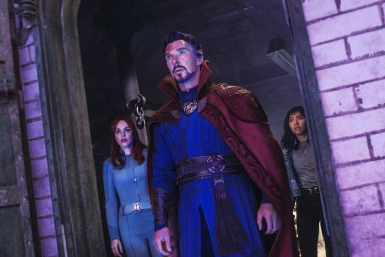Rachel McAdams as Dr. Christine Palmer, Benedict Cumberbatch as Dr. Stephen Strange, and Xochitl Gomez as America Chavez in Marvel Studios' "Doctor Strange in the Multiverse of Madness."