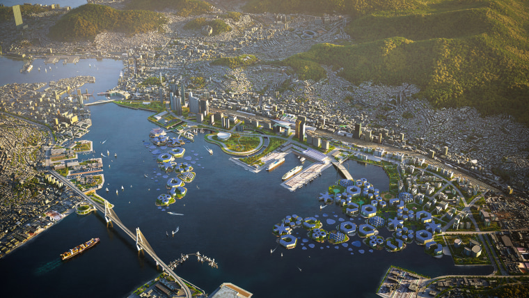 An aerial rendering of the proposed floating city hosted by South Korea.