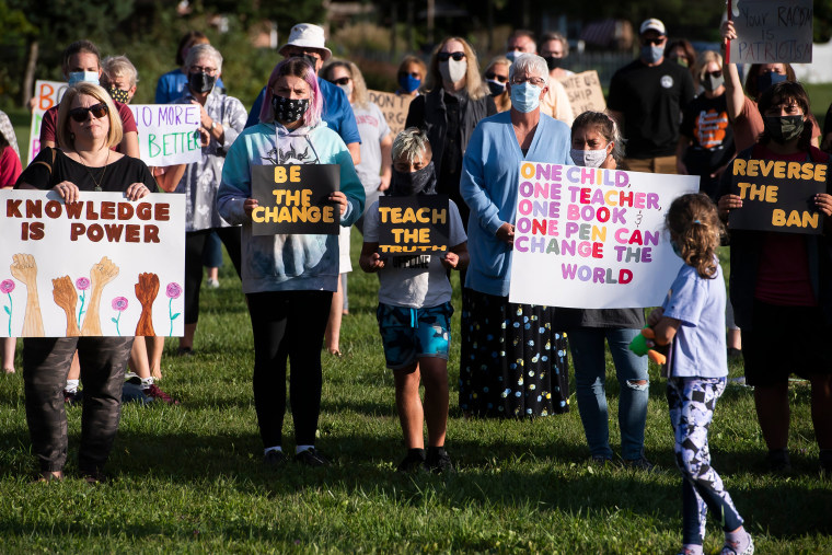 Image: Students, parents and educators gather outside the Central York School District Educational Service Center to protest the district's banned resources list on Sept. 20, 2021, in Springettsbury Township.