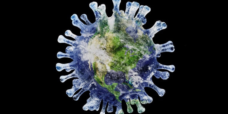 Photo Illustration: Planet Earth superimposed over a COVID-19 spore