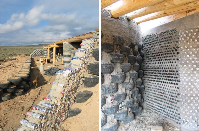 Discarded tires, bottles, and cans are used to build the walls of an Earthship near Taos, N.M.