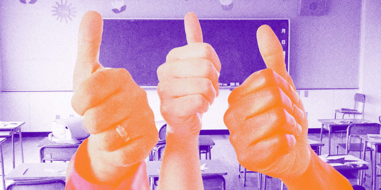 Photo Illustrations: People holding their thumbs up in front of a classroom background
