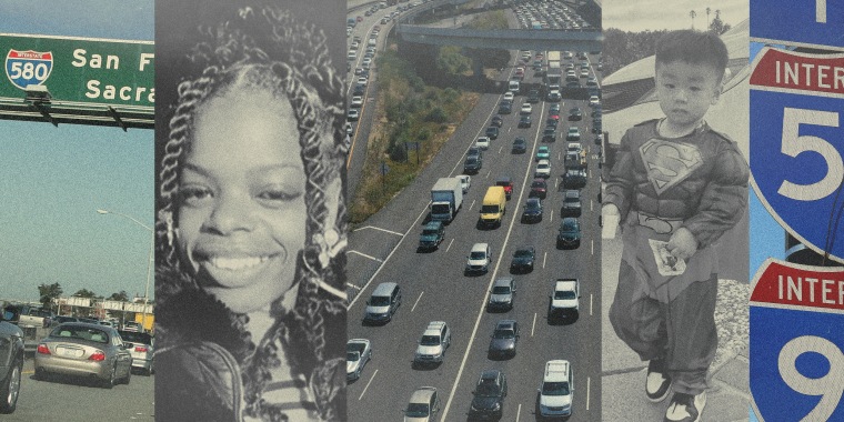Photo illustration of highways in California and Illinois, and highway shooting victims Amani Morris and Jasper Wu.