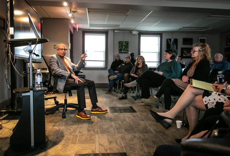 James Craig, former Detroit Police Chief and Michigan gubernatorial candidate, talks in an informal 'fireside chat' at the Greater Brighton Area Chamber of Commerce on April 6, 2022.