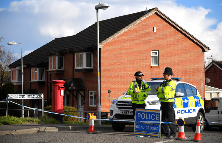 Image:  Police officers seal off the road on which Russian Sergei Skripal and his daughter have been staying in Salisbury, Britain, on March 7, 2018.