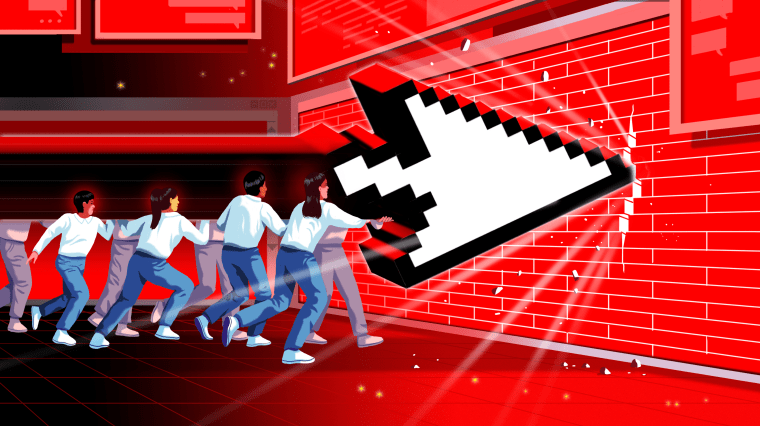 Illustration: A group of people holding up a white cursor to break into a giant red wall. Red boards with speech bubbles float above them.