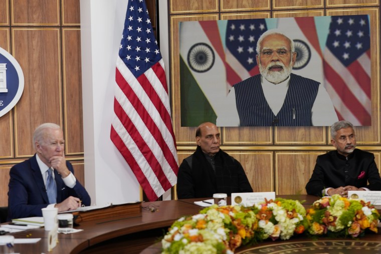 President Joe Biden, with Indian Defense Minister Rajnath Singh and Indian Foreign Minister Subrahmanyam Jaishankar, met virtually with Indian Prime Minister Narendra Modi at the White House on Monday.
