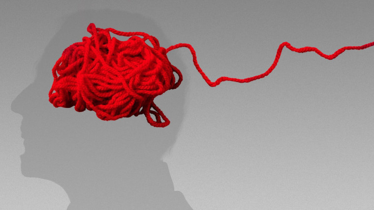 Ilustración de un hilo rojo en forma de cerebro que está deshilvanándose, en representación de desórdenes cognitivos como la demencia