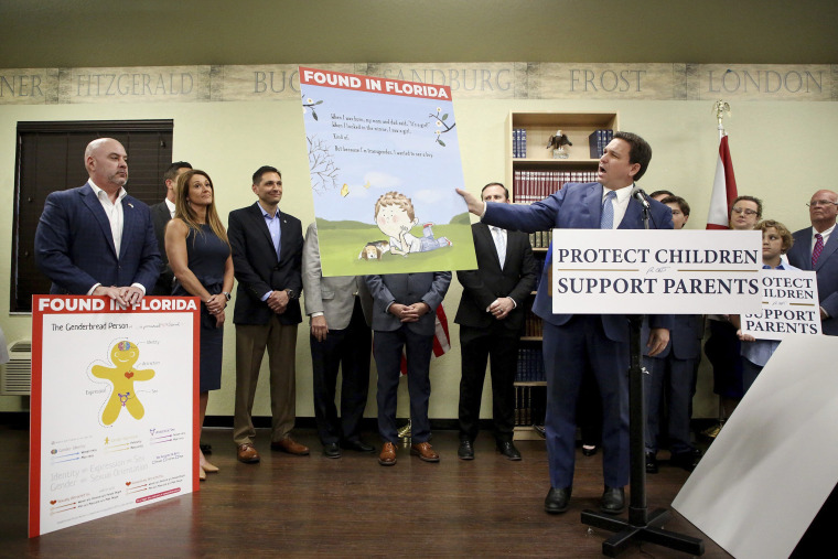 Florida Gov. Ron DeSantis shows an image from the children's book Call Me Max by transgender author Kyle Lukoff moments before signing the "Parental Rights in Education" bill during a news conference on Monday, March 28, 2022.