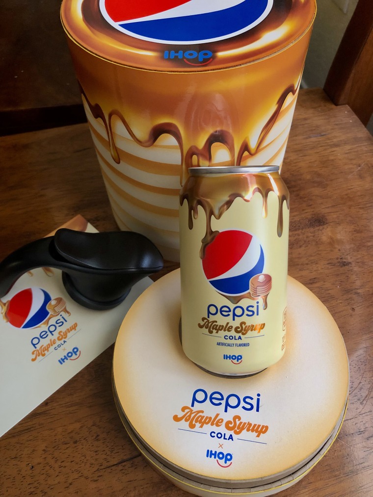 Pepsi Maple Syrup Cola arrives in a pancake-shaped display box, and comes with a pour spout.