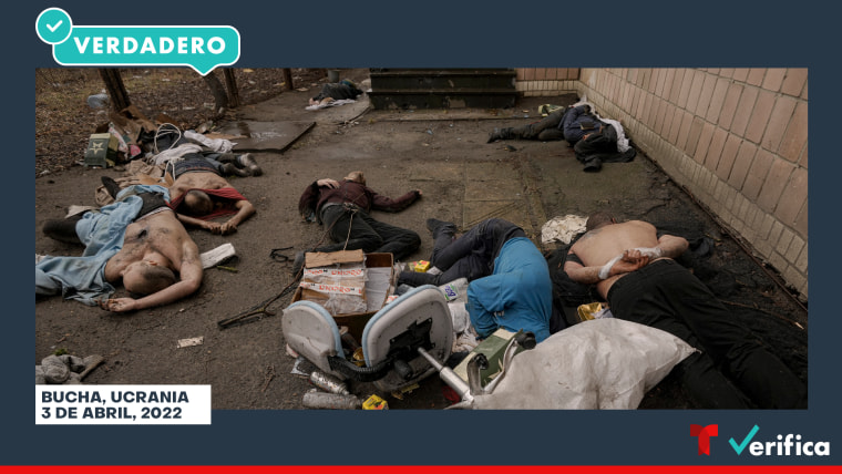 Los cuerpos sin vida de ocho hombres yacen en un callejón de Bucha, Ucrania. La imagen fue tomada por el fotógrafo de AP, Vadim Ghirda, el domingo 3 de abril. Según la agencia, los cuerpos tenían señales de que les dispararon a quemarropa.