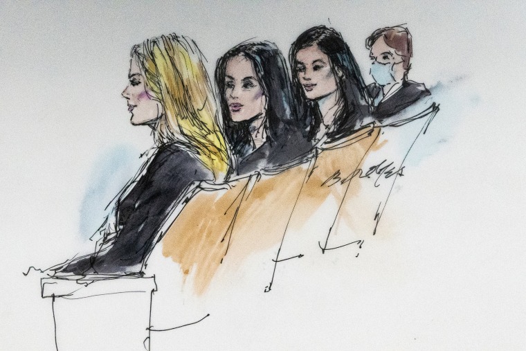 In this courtroom artist sketch, Khloe Kardashian, from left, Kim Kardashian, Kylie Jenner and Kris Jenner sit in court in Los Angeles, Tuesday, April 19, 2022.