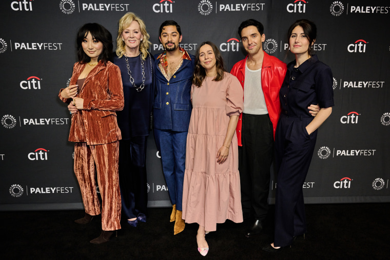 Poppy Liu, Jean Smart, Mark Indelicato, Lucia Aniello, Paul W. Downs, and Jen Statsky at the "Hacks" PaleyFest event on April 7.