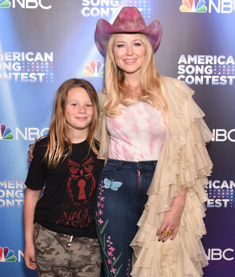 Jewel with her 10-year-old son, Kase, on the "American Song Conest" red carpet on April 4, 2022.