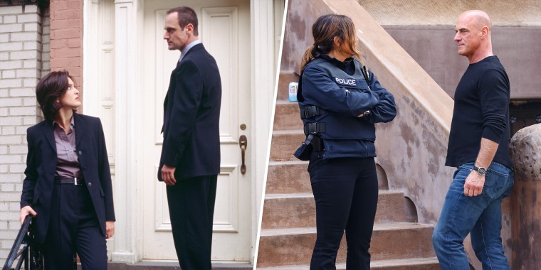 Hargitay and Meloni filming for Season One's fifth episode, "Wanderlust," which aired in October 1999 (left), and again filming on brownstone steps together in April 2022 for an upcoming episode of "Organized Crime."