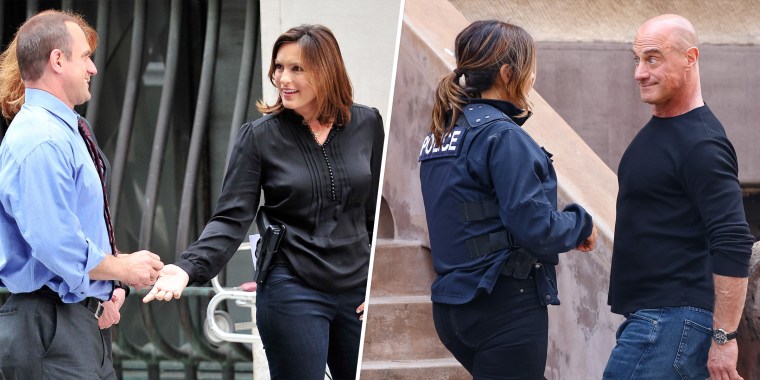 While their characters are usually all business, Hargitay and Meloni are actual comedians with each other off-camera, as seen in 2009 (left) and 2022 (right).