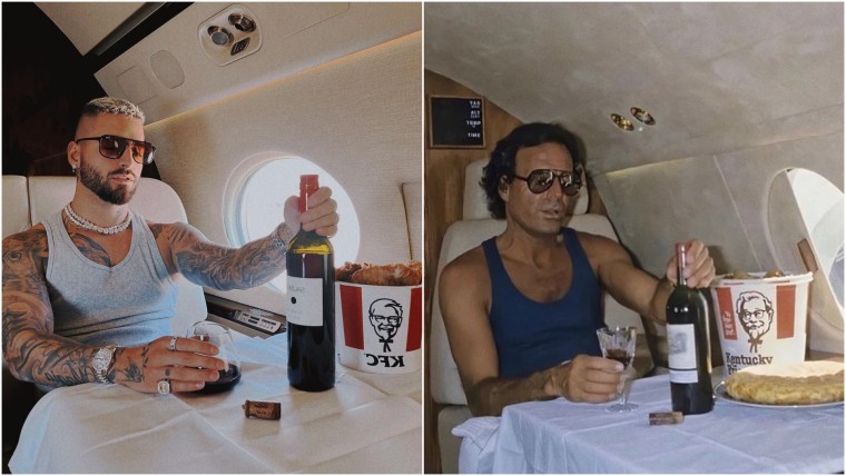 Maluma imitando famosa foto de Julio Iglesias en un avión