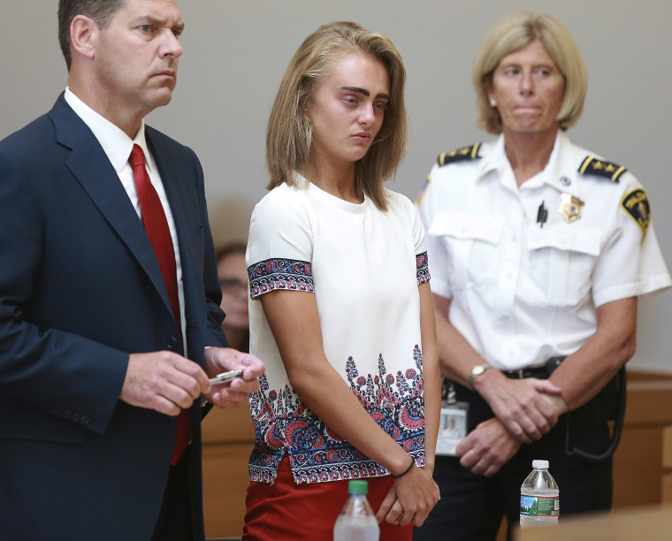  In this Aug. 3, 2017 file photo Michelle Carter, center, listens to her sentencing for involuntary manslaughter.