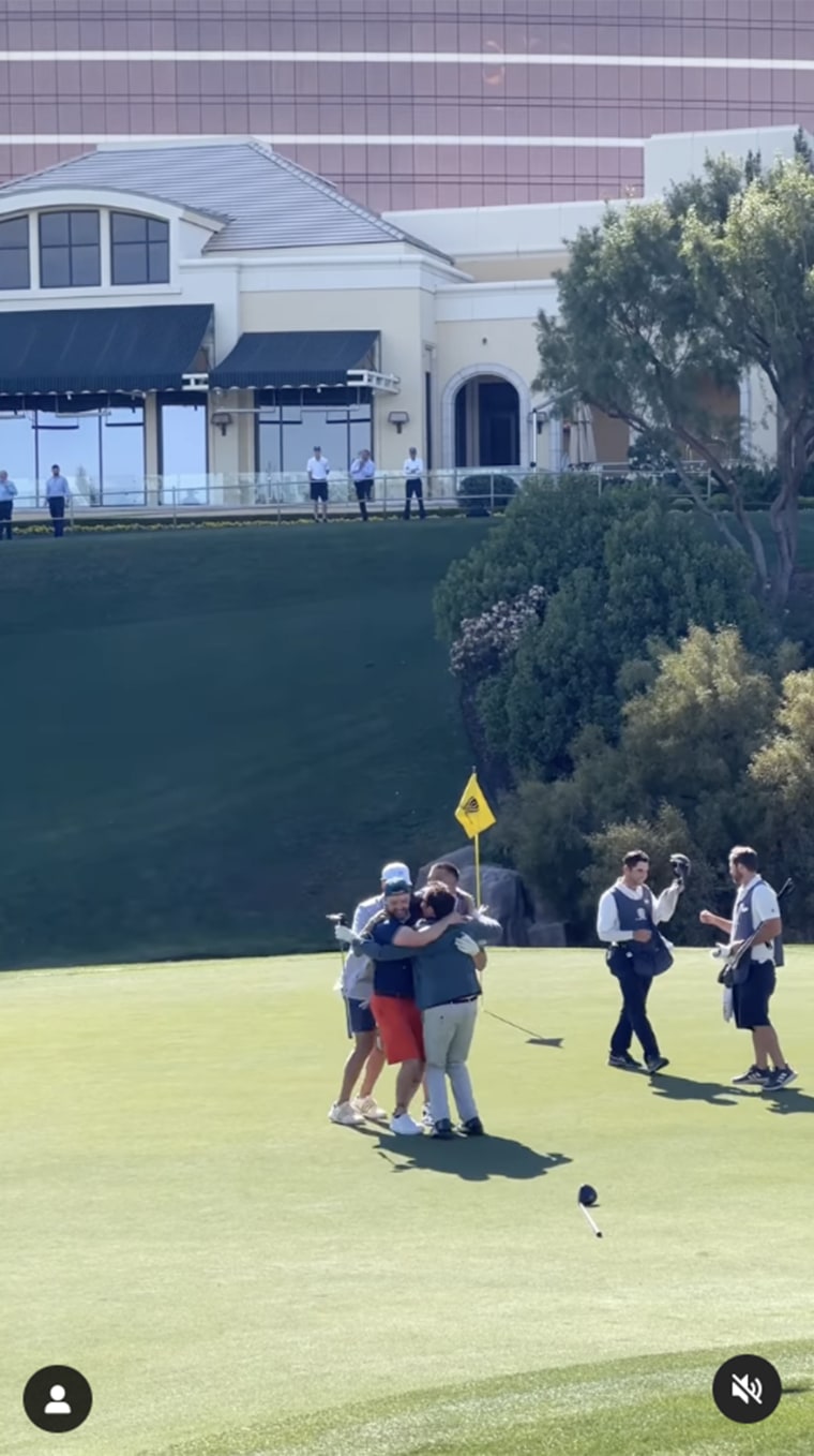 Jimmy Fallon and  Justin Timberlake embrace Kansas City Chiefs stars Patrick Mahomes and Travis Kelce on the golf course.