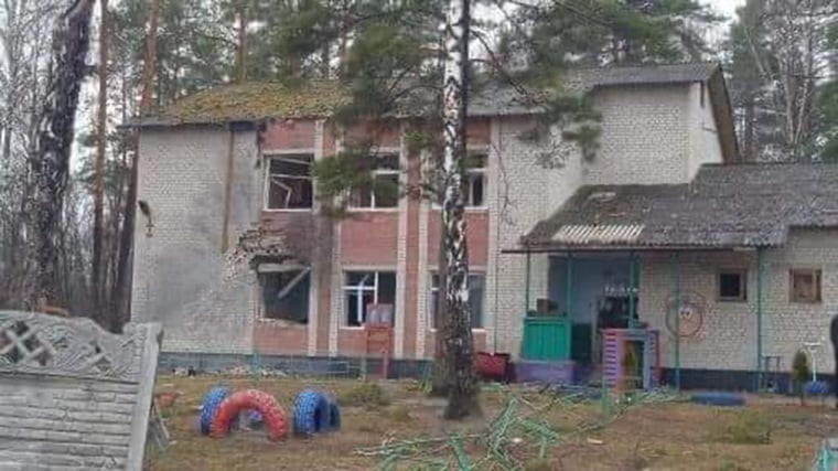 A picture of the town's school, where the Russian soldiers held 350 Ukrainian adults and around 75 children captive in the basement.