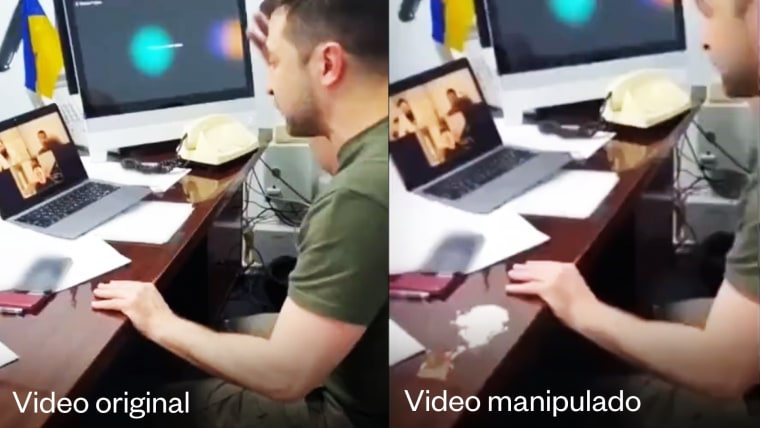 Captura del video original en el que aparece Volodymyr Zelenskyy en su oficina y la versión alterada, que sugiere falsamente la presencia de drogas en el escritorio.